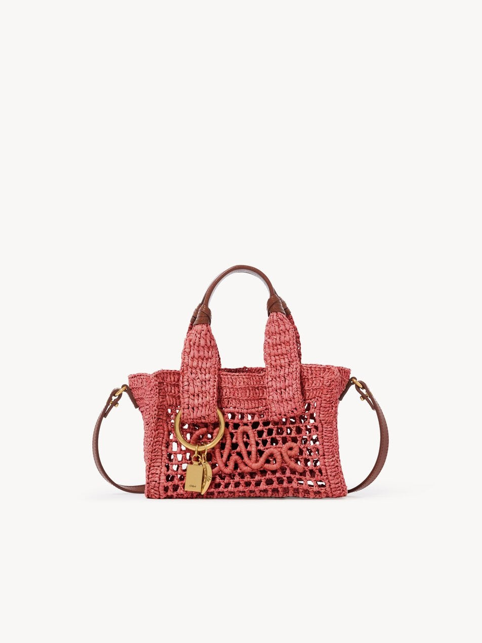 CHLOE Mini Summer Banana east-west tote bag in raffia Ginger Red by CHLOE