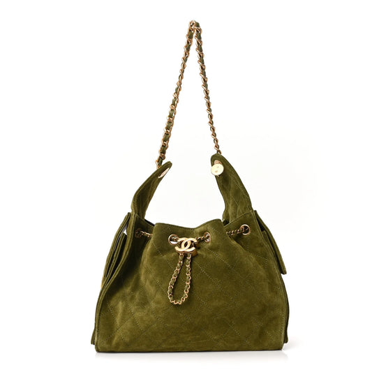 Chanel Small 25 Handbag – Suede Quilted, Khaki, Aged Gold Hardware