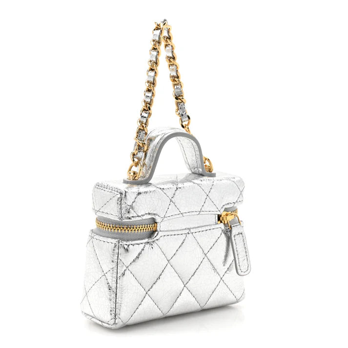 CHANEL Metallic Calfskin Quilted Mini Vanity Bag Charm – Silver - Zeuskicks