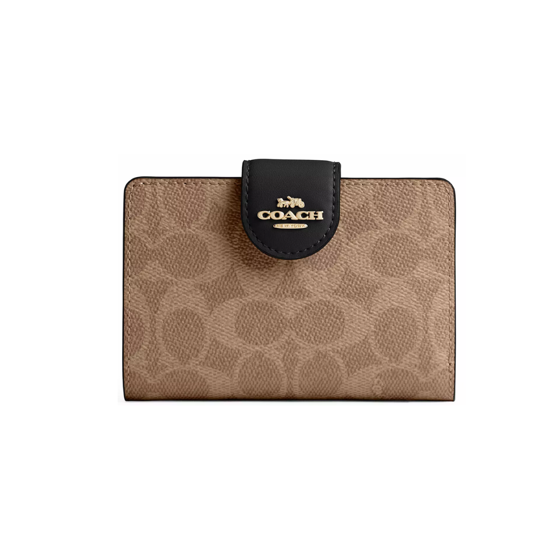 Coach Medium Corner Zip Wallet In Signature Canvas Gold Tan Black by COACH