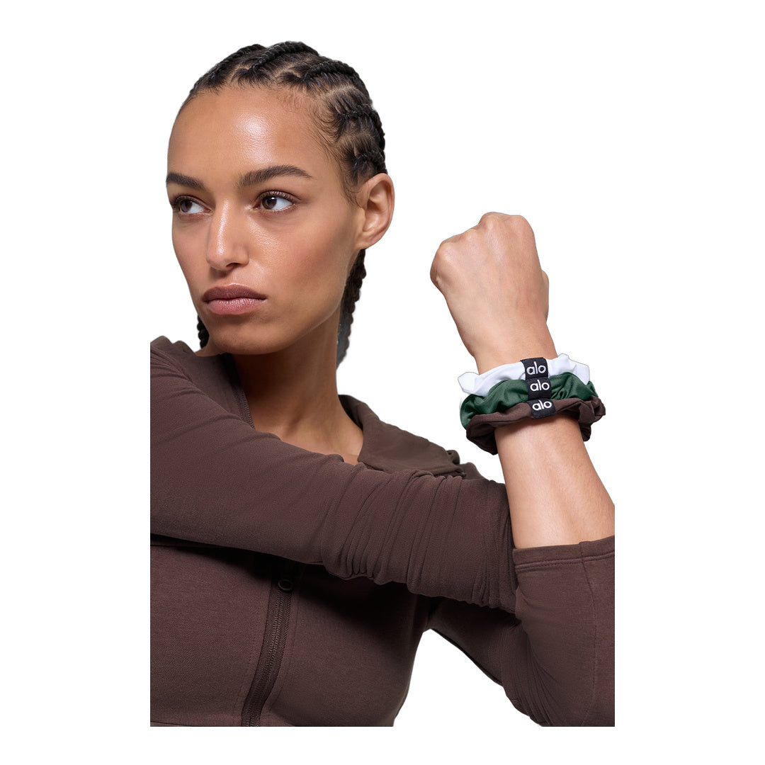 alo Fresh Mini Scrunchie 3-Pack - Brownstone/White/Clover Green by Alo Yoga