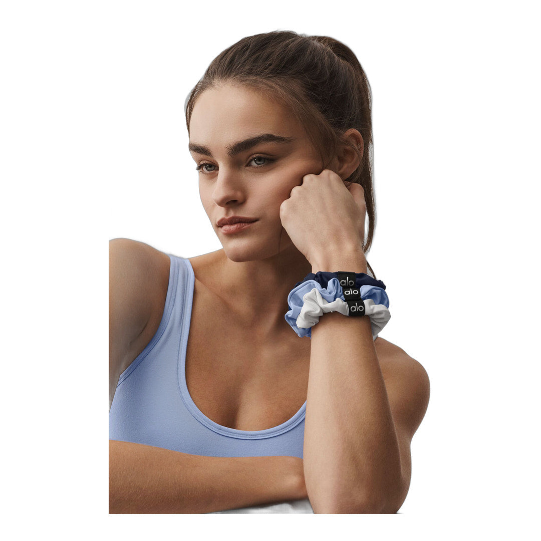 alo Fresh Mini Scrunchie 3-Pack - Light Provence Blue/Navy/White by Alo Yoga