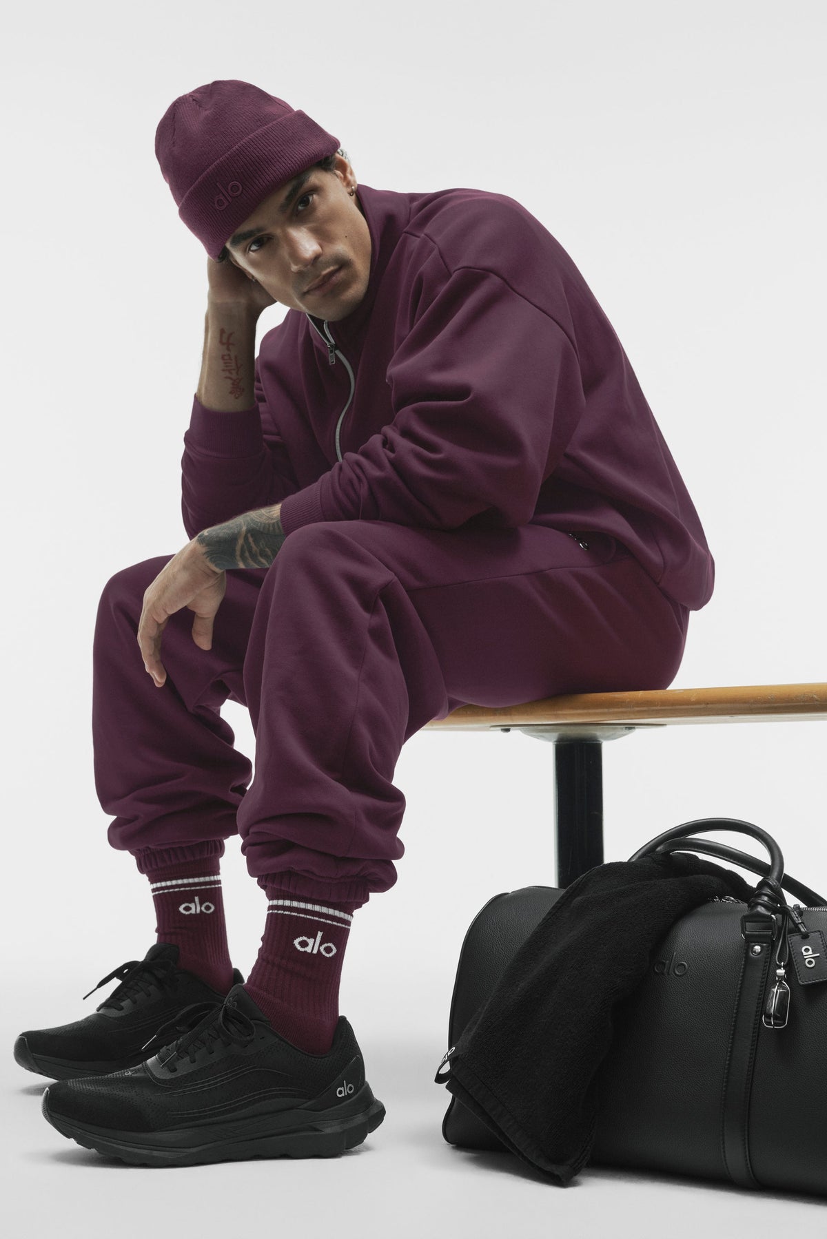 Alo Yoga Unisex Half-Crew Throwback Sock in Rich Bordeaux/White, product image 3 of 3
