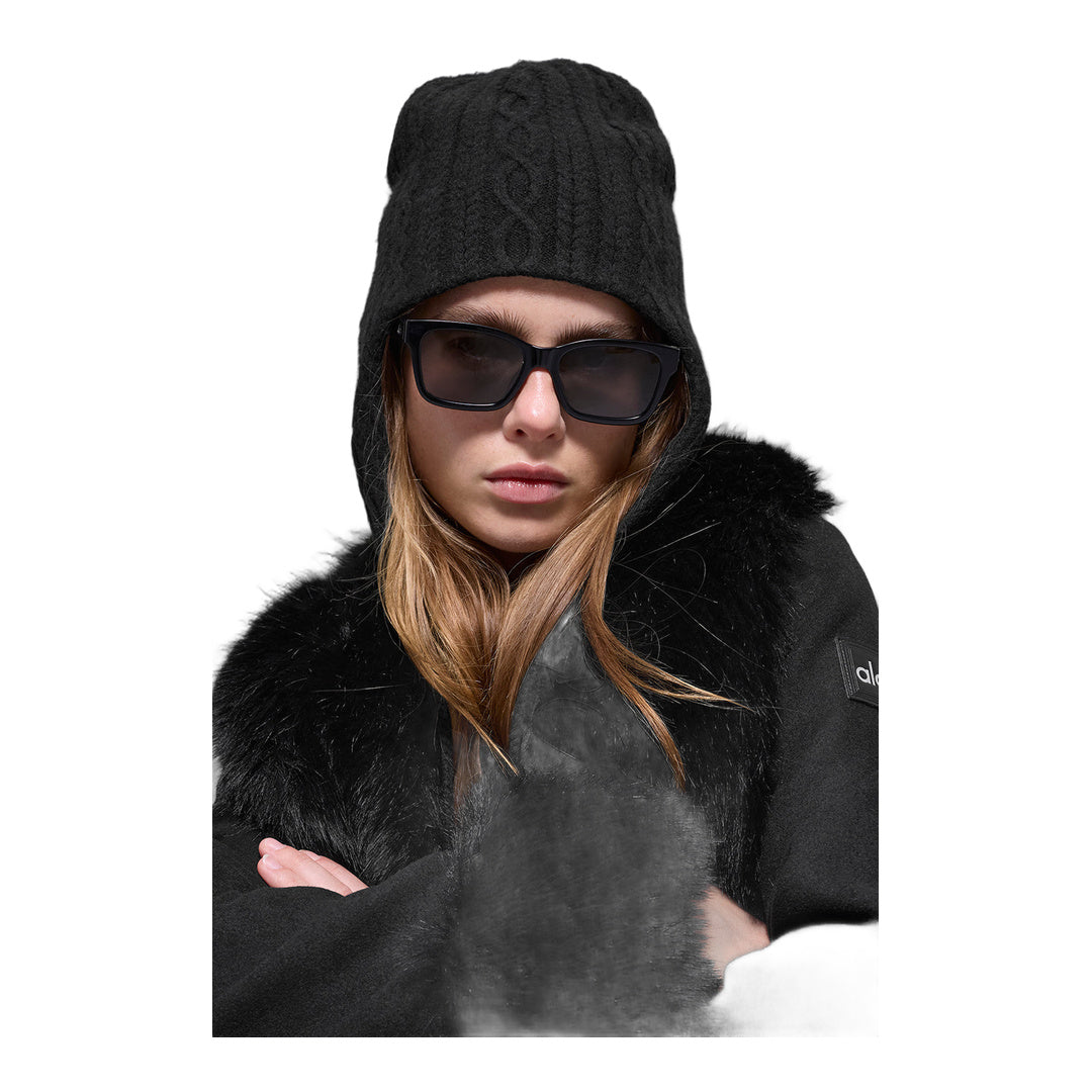 alo Cable Knit Winter Bliss Earflap Beanie - Black by Alo Yoga