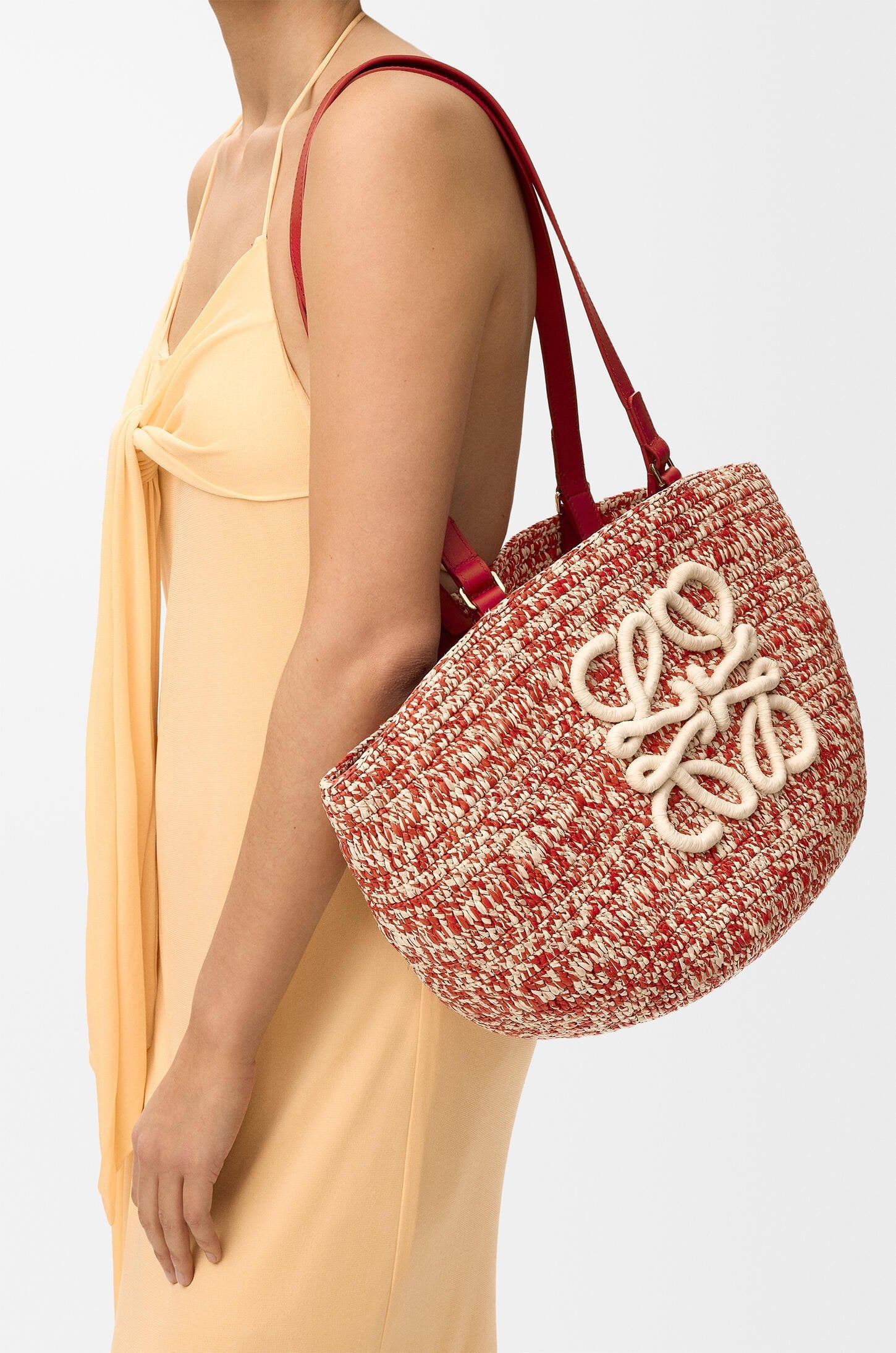 LOEWE Medium Eclipse Basket – Raffia & Calfskin (Red / Gold) - Zeuskicks