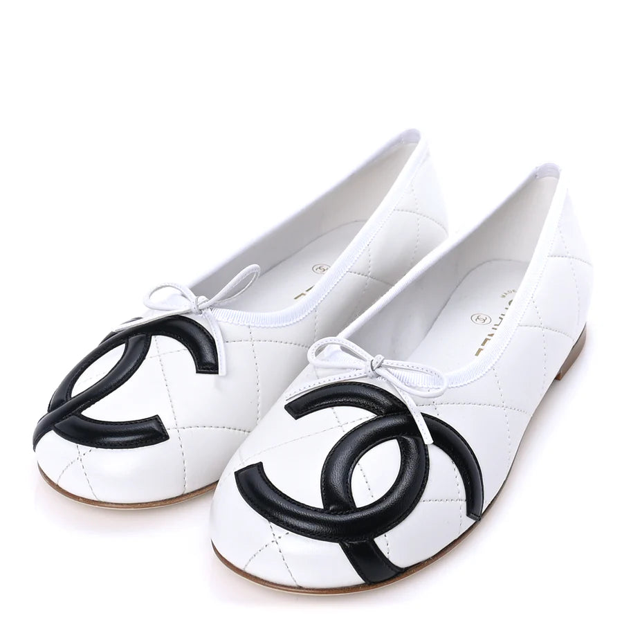 CHANEL Cambon Quilted CC Ballet Flats – Lambskin White/Black Edition - Zeuskicks