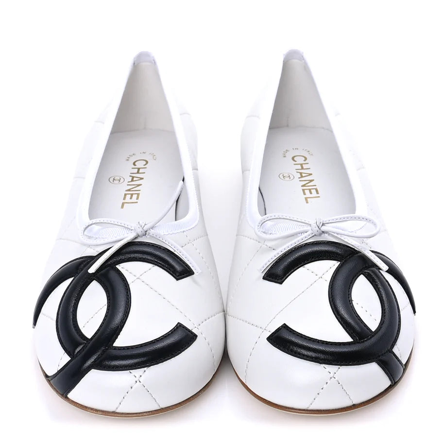 CHANEL Cambon Quilted CC Ballet Flats – Lambskin White/Black Edition - Zeuskicks