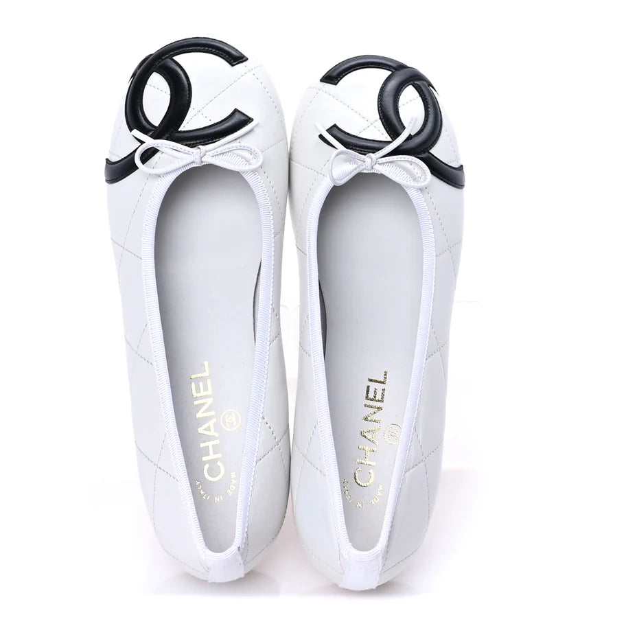 CHANEL Cambon Quilted CC Ballet Flats – Lambskin White/Black Edition - Zeuskicks