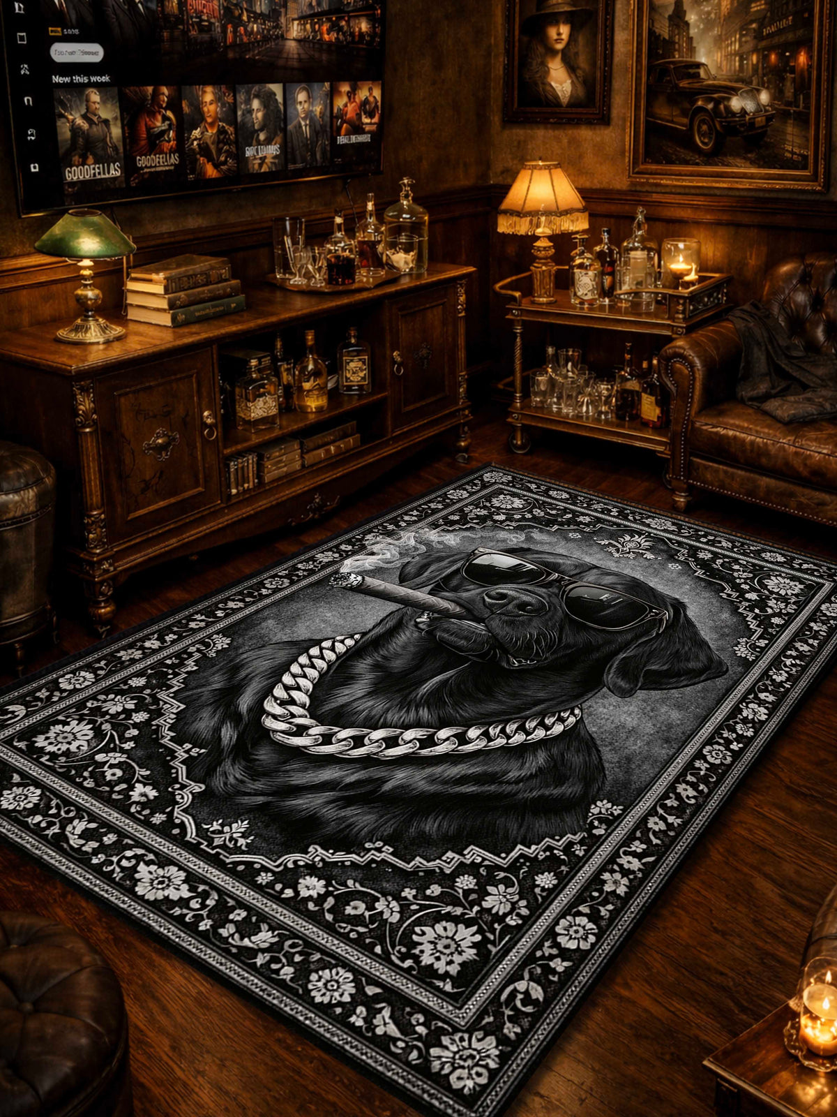 Monochromatic Smoking Dog Traditional Washable Custom Rug by THE DRIP CO. RUGS