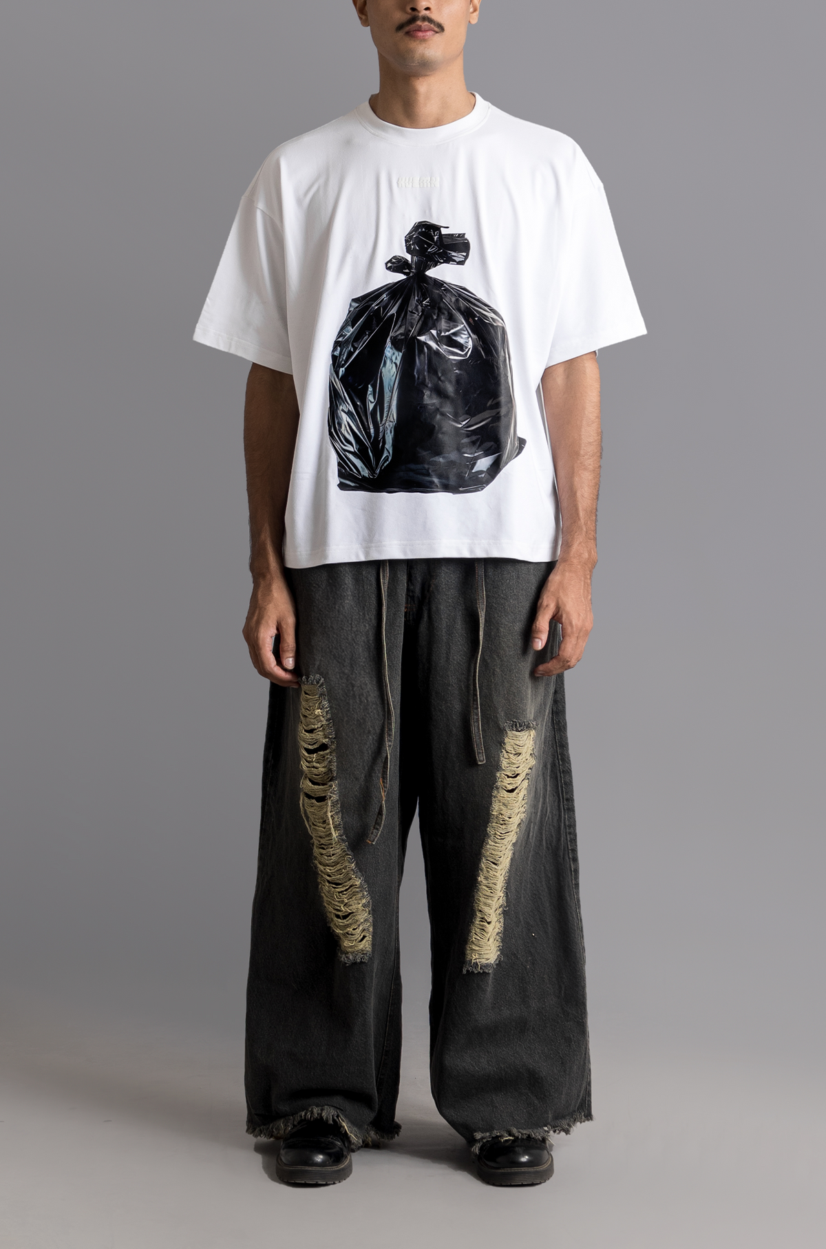 'Garbage bag' T-shirt (White) by HUEMN