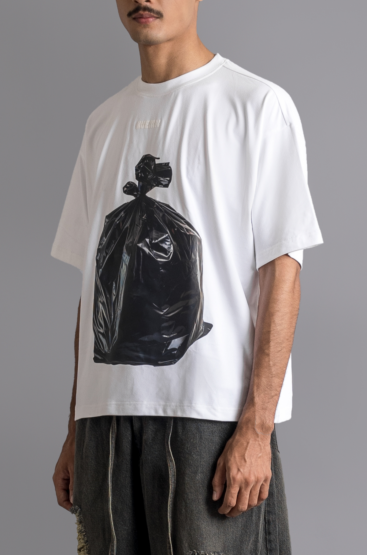 'Garbage bag' T-shirt (White) by HUEMN