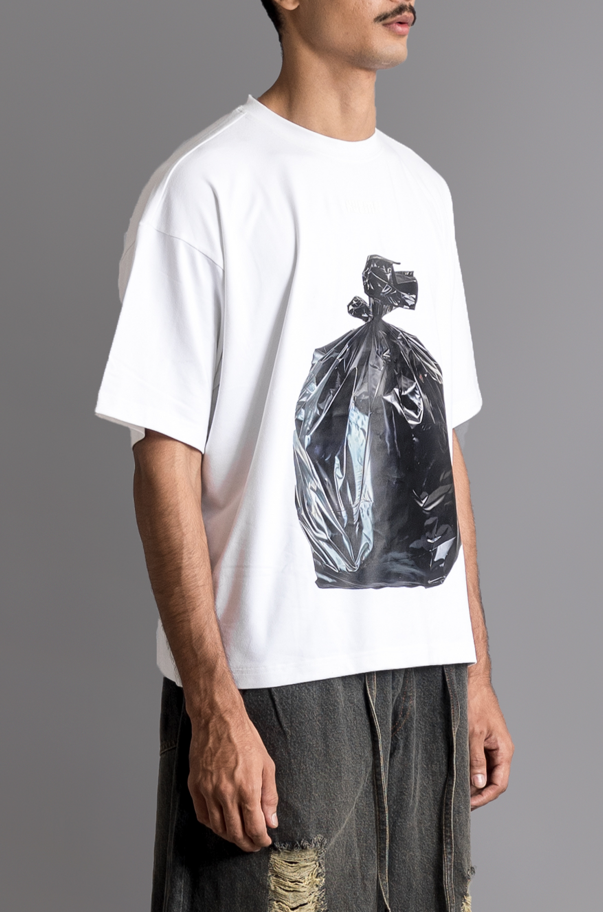 'Garbage bag' T-shirt (White) by HUEMN