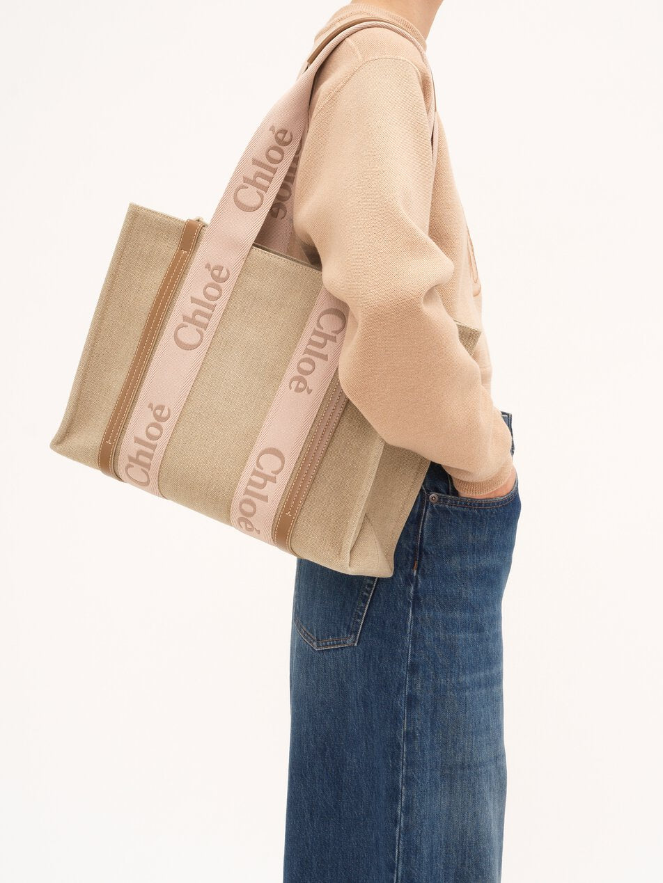 CHLOE Woody tote bag in linen Blushy Beige by CHLOE