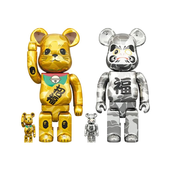 Bearbrick x BAPE Maneki Neko & Daruma 100% & 400% 4-Pc Set Gold & Silver Plated by BEARBRICK
