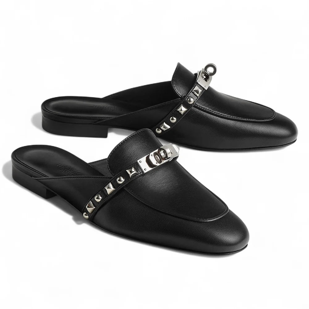 Hermès Oz Mules – Noir Chevre Leather with Clous Medor Studs