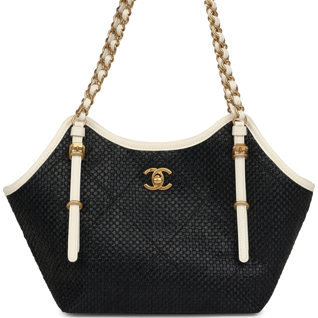 CHANEL Small Coco Shopping Bag – Black Raffia & White Calfskin (Antique Gold Hardware) - Zeuskicks