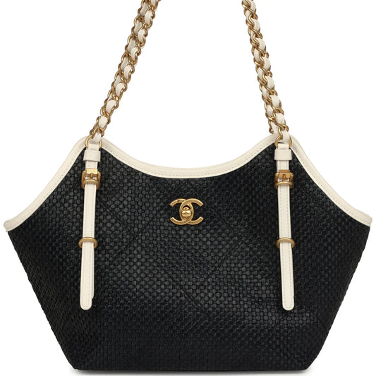 CHANEL Small Coco Shopping Bag – Black Raffia & White Calfskin (Antique Gold Hardware) - Zeuskicks