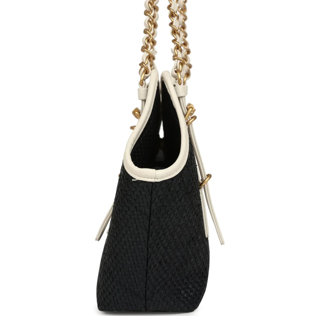 CHANEL Small Coco Shopping Bag – Black Raffia & White Calfskin (Antique Gold Hardware) - Zeuskicks