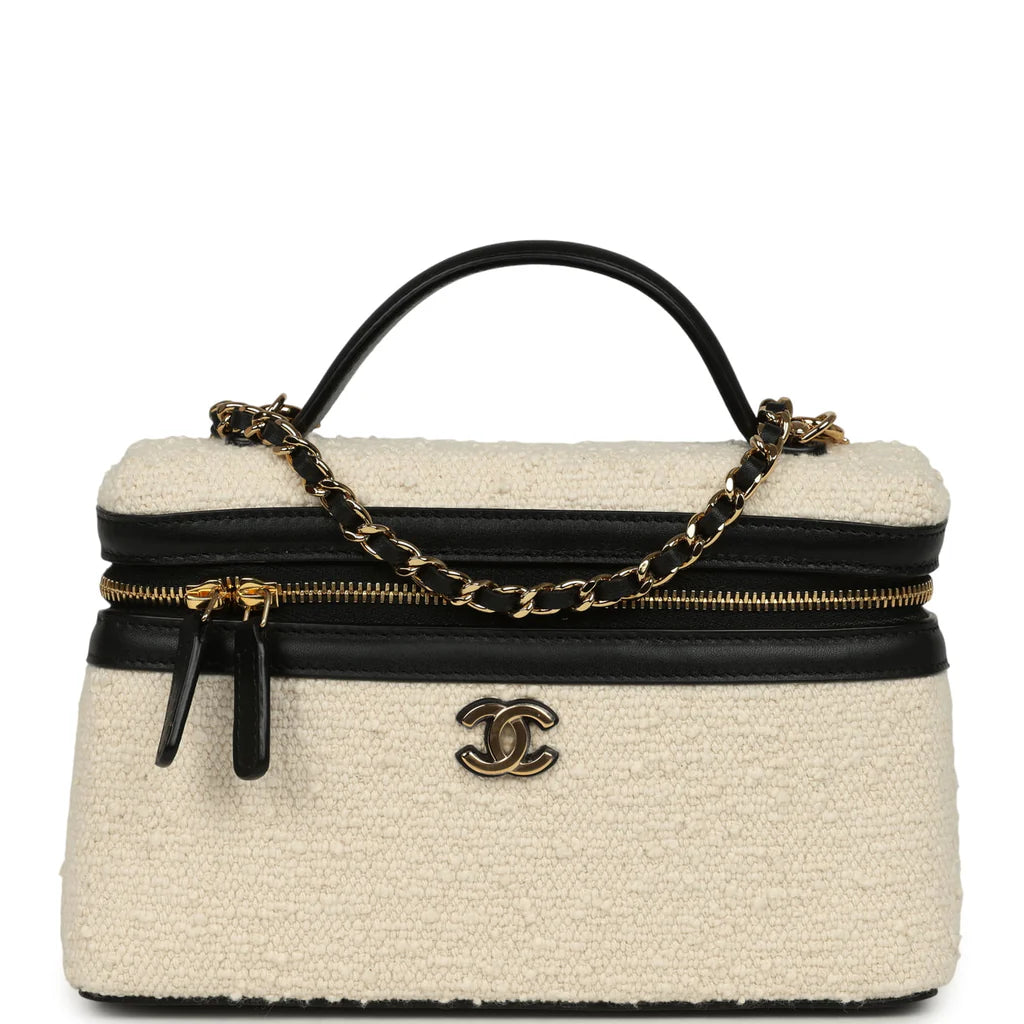 CHANEL Coco Beach Top Handle Long Vanity Case with Chain – Ecru Tweed & Black Calfskin - Zeuskicks