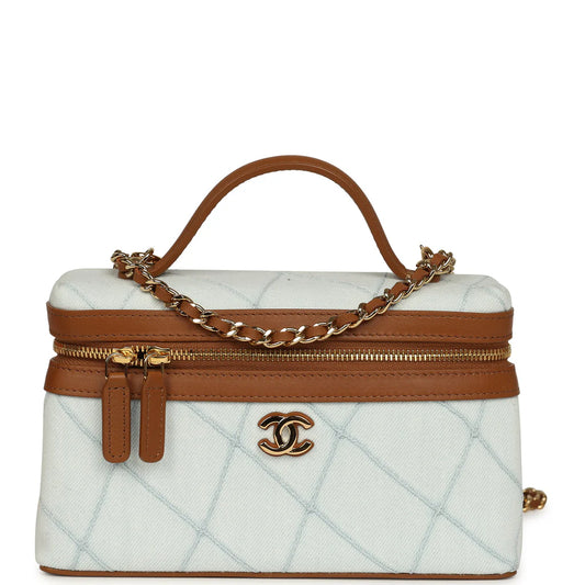 CHANEL Coco Beach Top Handle Long Vanity Case with Chain – Light Blue Denim & Brown Calfskin - Zeuskicks