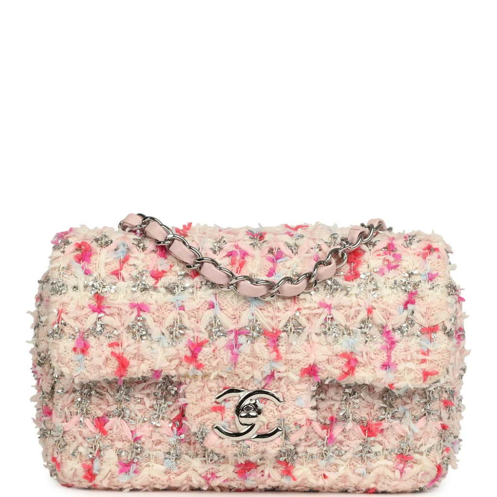 Chanel Mini Rectangular Flap Bag – Pink & Multicolored Tweed Bouclé with Silver Hardware