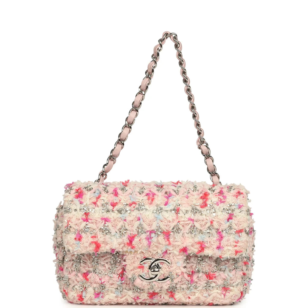 Chanel Mini Rectangular Flap Bag – Pink & Multicolored Tweed Bouclé with Silver Hardware
