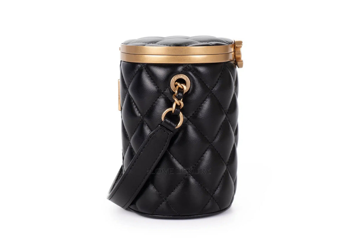Chanel Vanity Quilted Black Bucket Cross Body Gold Hardware - view 5