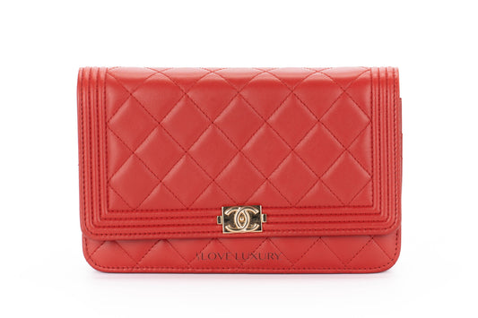 Chanel Boy Wallet On Chain Red Lambskin Gold Hardware - view 1
