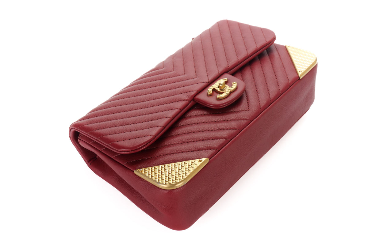 Chanel Single Flap Chevron Classic Rock The Corner Red Gold Hardware - view 11