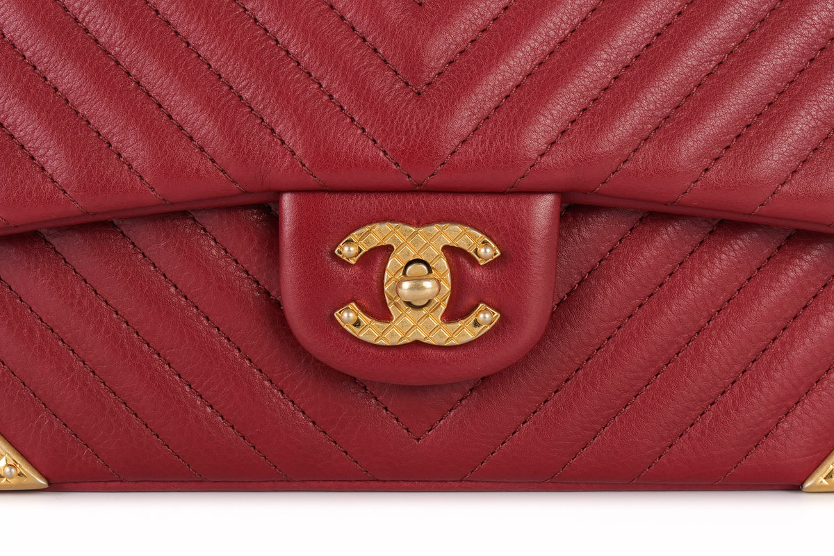 Chanel Single Flap Chevron Classic Rock The Corner Red Gold Hardware - view 7