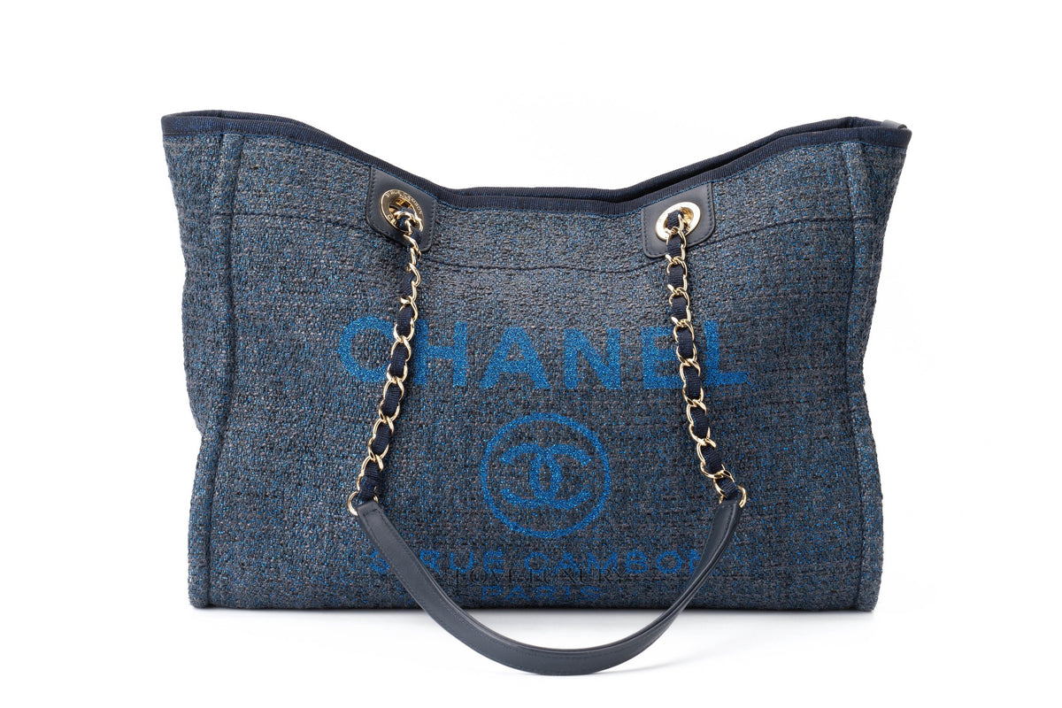 Chanel Medium Deauville Tote Glittery Navy Blue Tweed - view 1