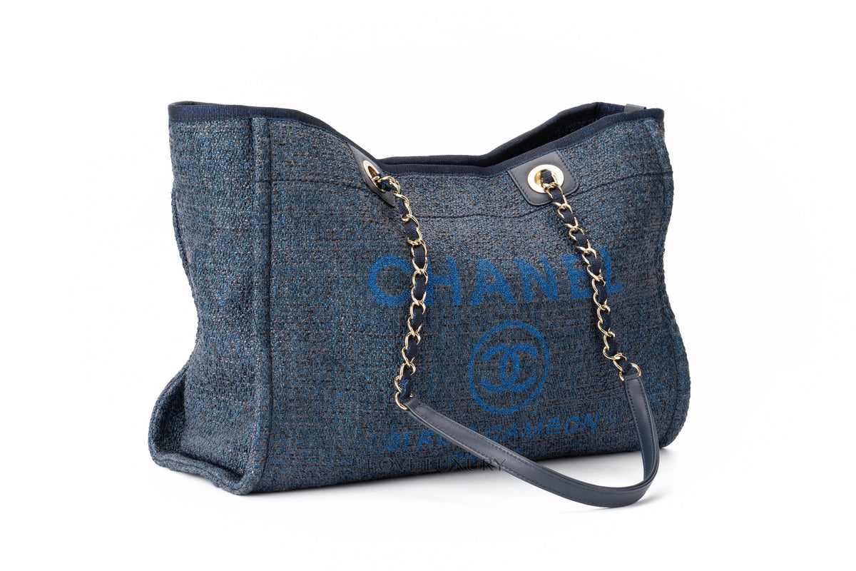 Chanel Medium Deauville Tote Glittery Navy Blue Tweed - view 2