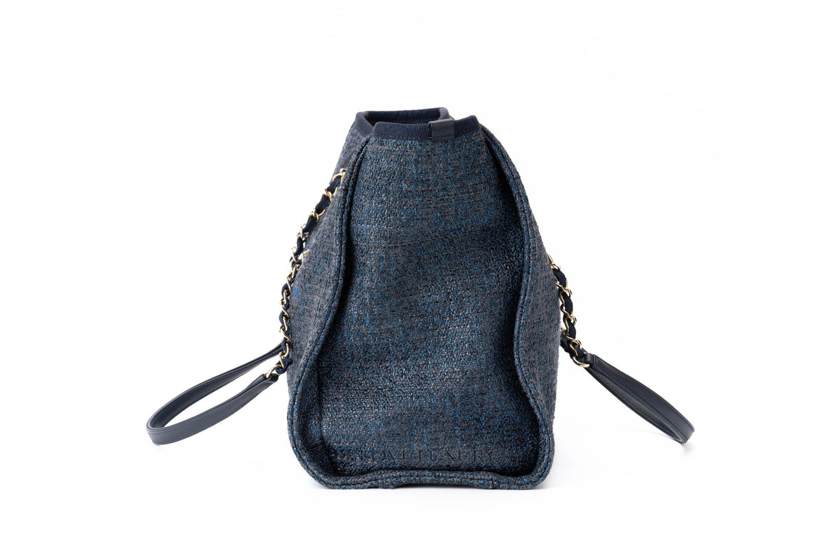 Chanel Medium Deauville Tote Glittery Navy Blue Tweed - view 4