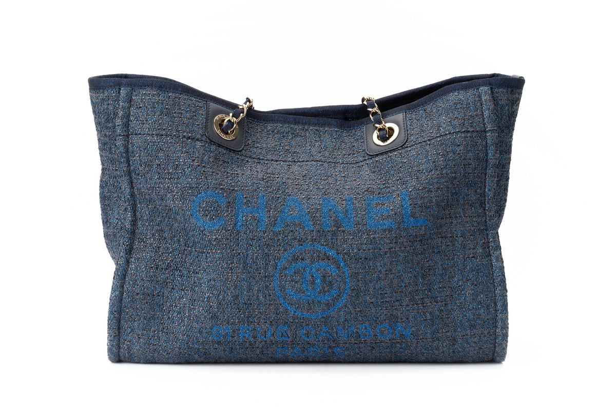 Chanel Medium Deauville Tote Glittery Navy Blue Tweed - view 6