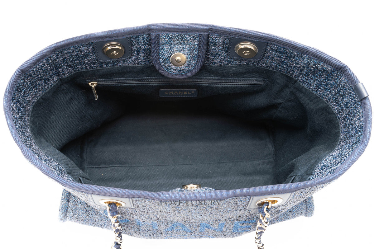 Chanel Medium Deauville Tote Glittery Navy Blue Tweed - view 7