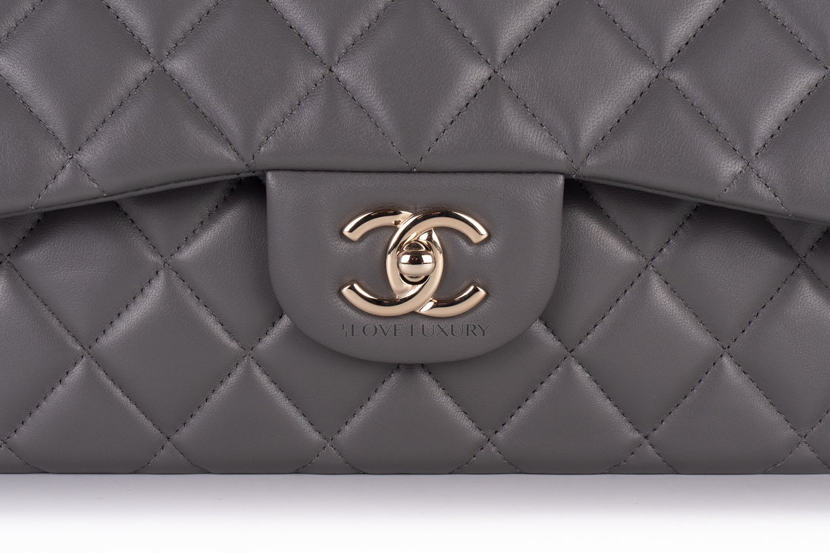 Chanel Jumbo Classic Flap Light Grey Lambskin Light Gold Hardware - view 7