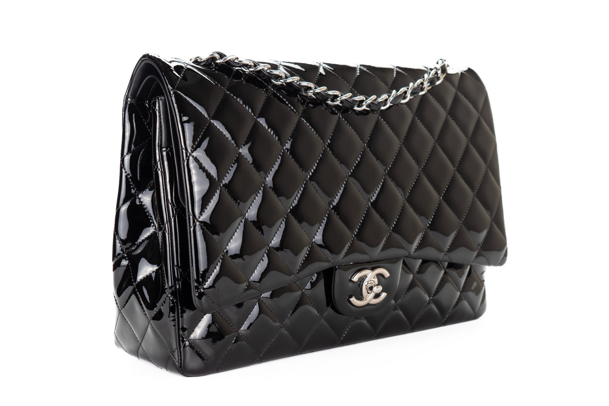 Chanel Maxi Classic Flap Black Patent Silver Hardware - view 2