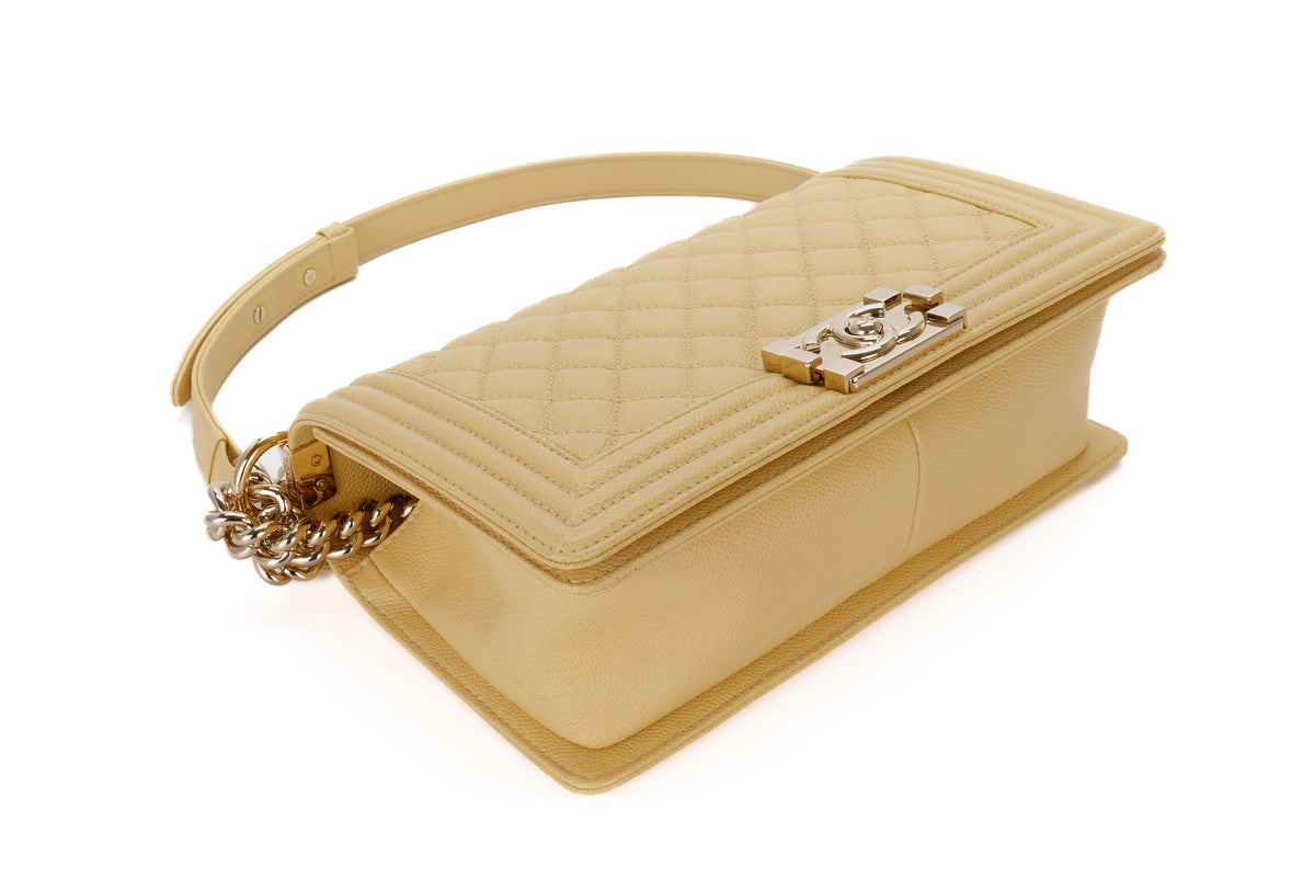 Chanel Medium Boy Pale Yellow Caviar Light Gold Hardware - view 11