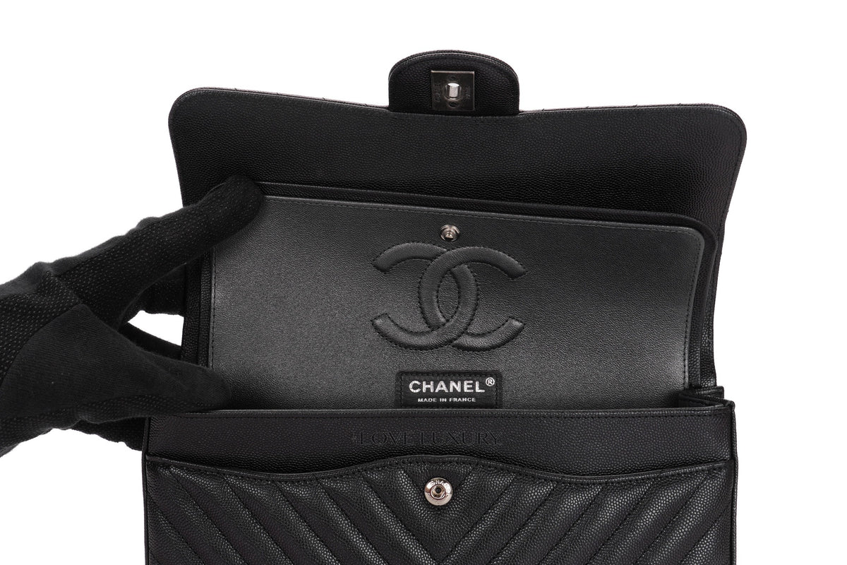 Chanel Medium Bag Chevron Black Iridescent Caviar Ruthenium Hardware - view 10