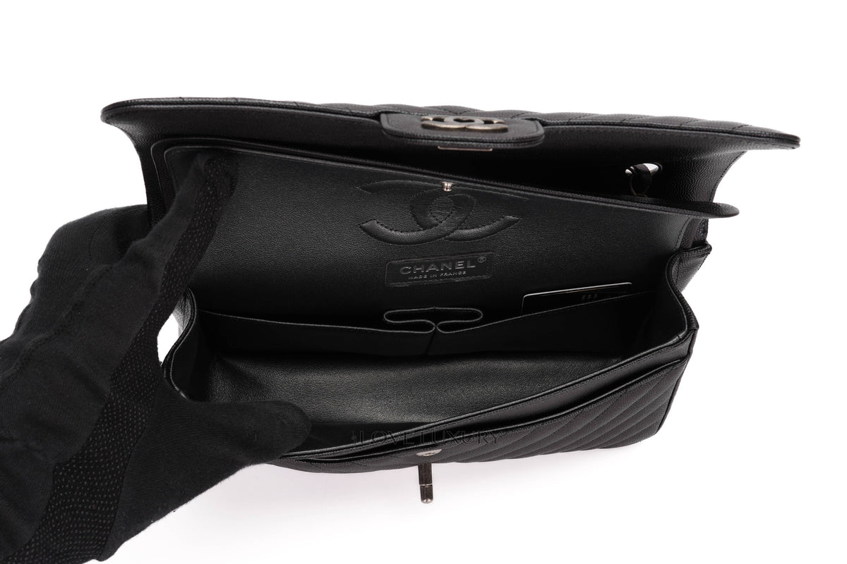 Chanel Medium Bag Chevron Black Iridescent Caviar Ruthenium Hardware - view 11
