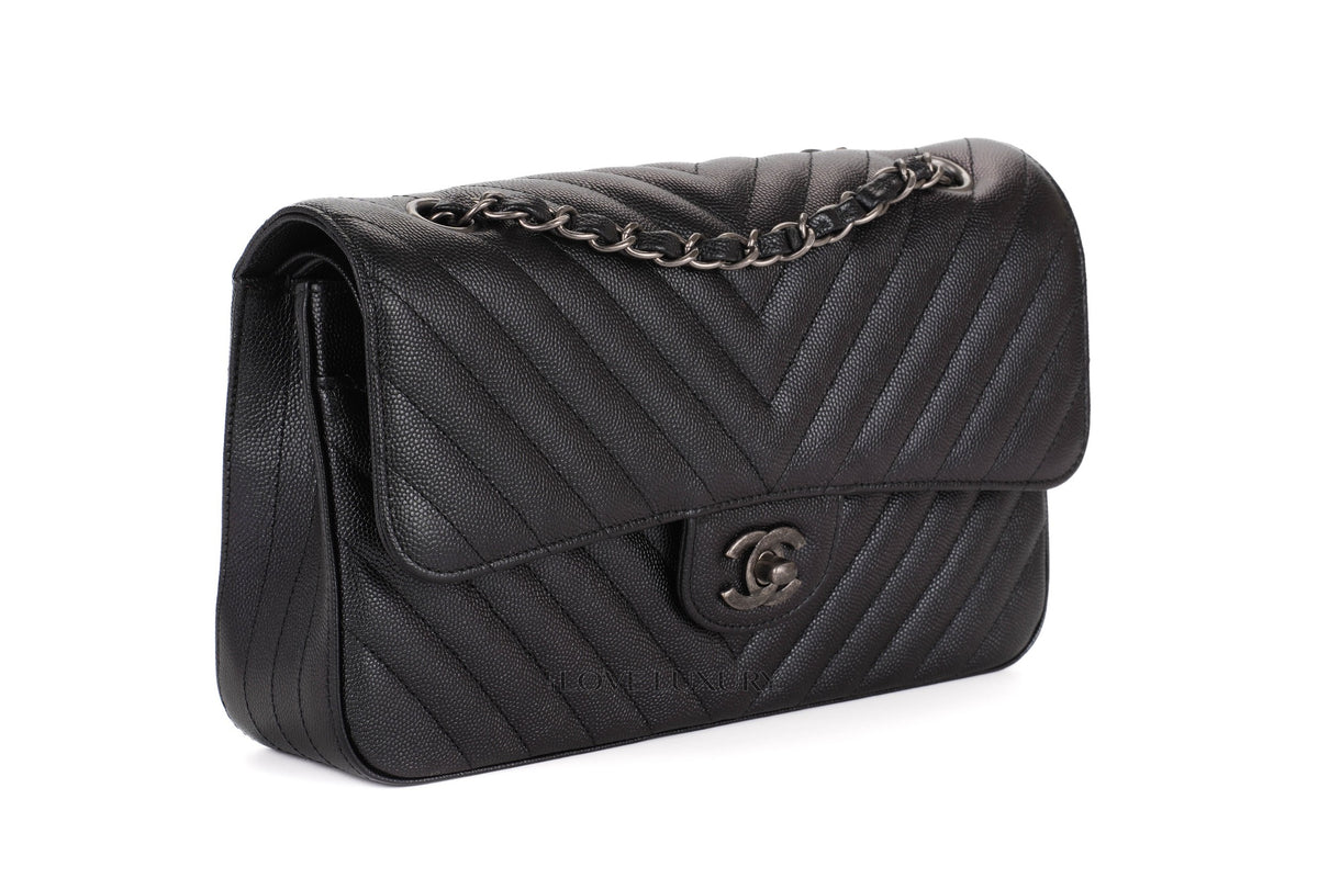 Chanel Medium Bag Chevron Black Iridescent Caviar Ruthenium Hardware - view 2