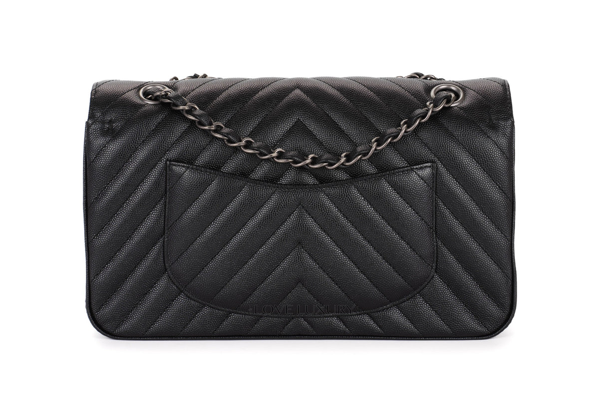 Chanel Medium Bag Chevron Black Iridescent Caviar Ruthenium Hardware - view 3