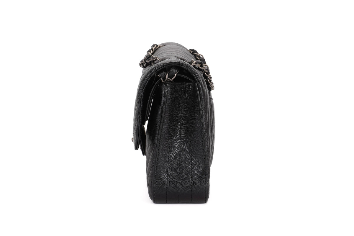 Chanel Medium Bag Chevron Black Iridescent Caviar Ruthenium Hardware - view 4