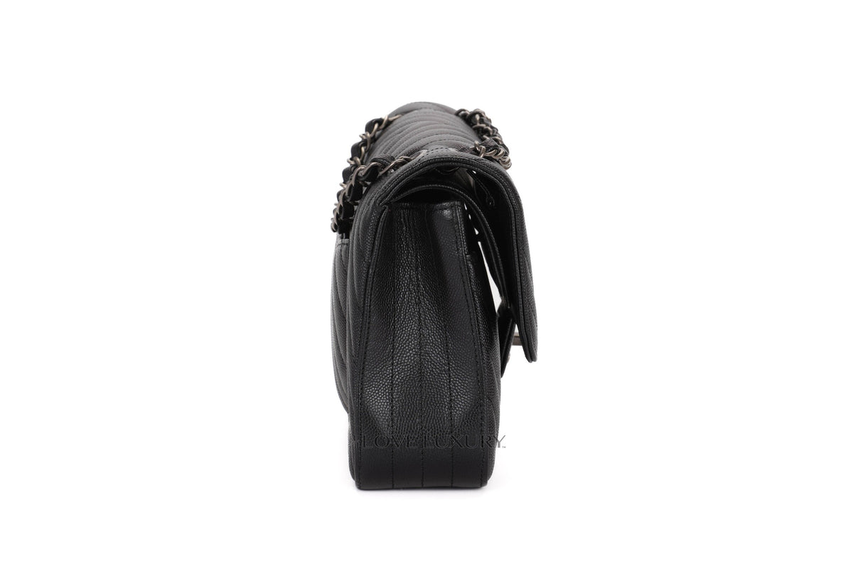 Chanel Medium Bag Chevron Black Iridescent Caviar Ruthenium Hardware - view 5