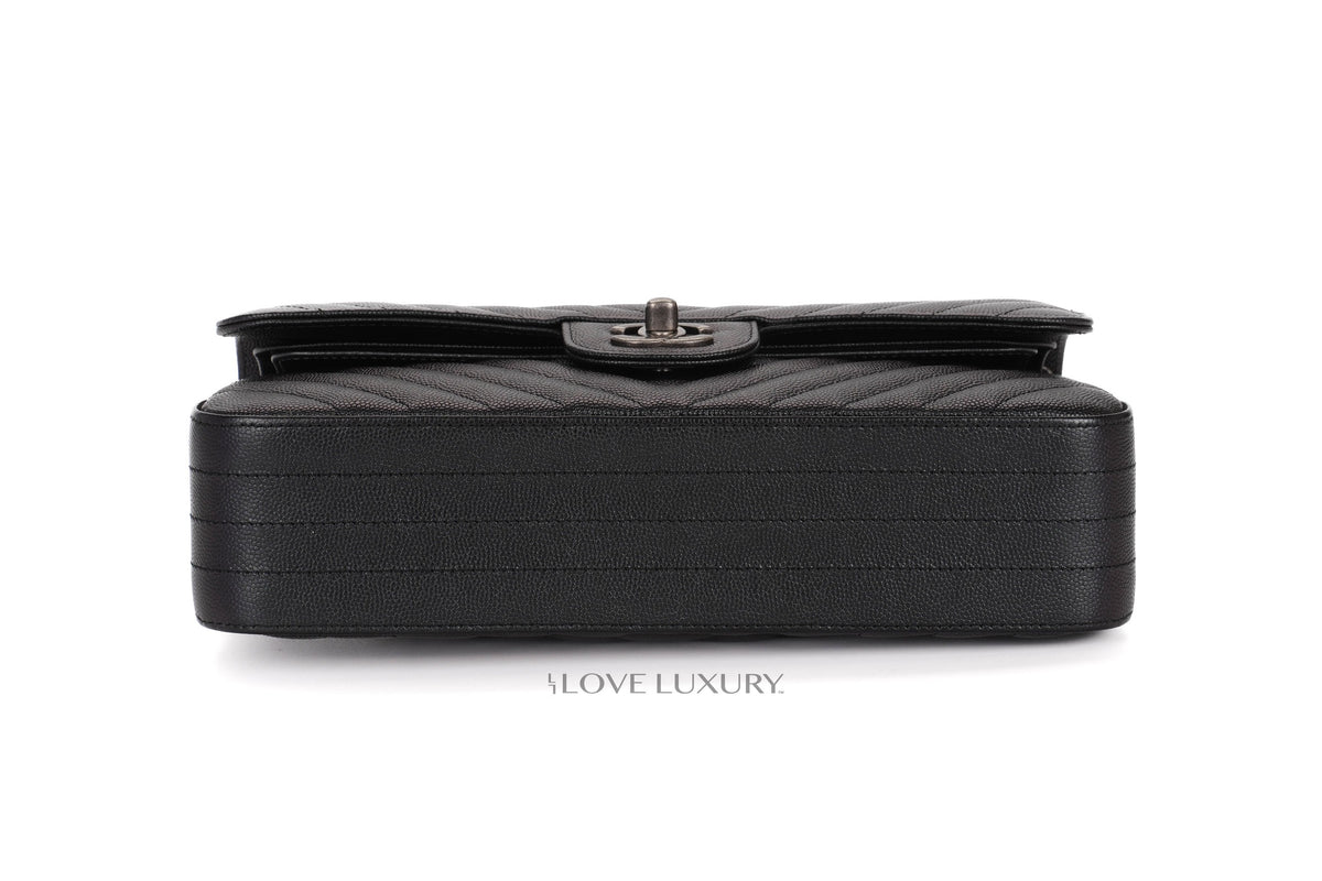 Chanel Medium Bag Chevron Black Iridescent Caviar Ruthenium Hardware - view 6