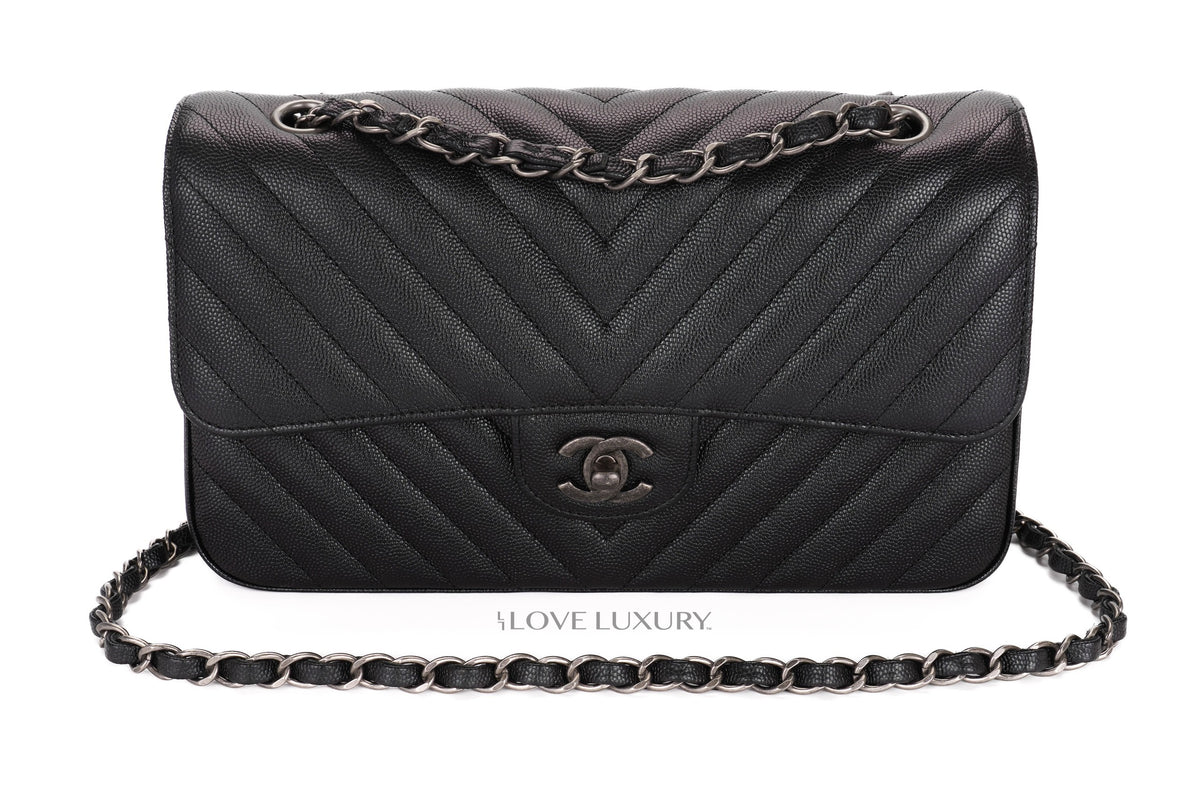 Chanel Medium Bag Chevron Black Iridescent Caviar Ruthenium Hardware - view 8