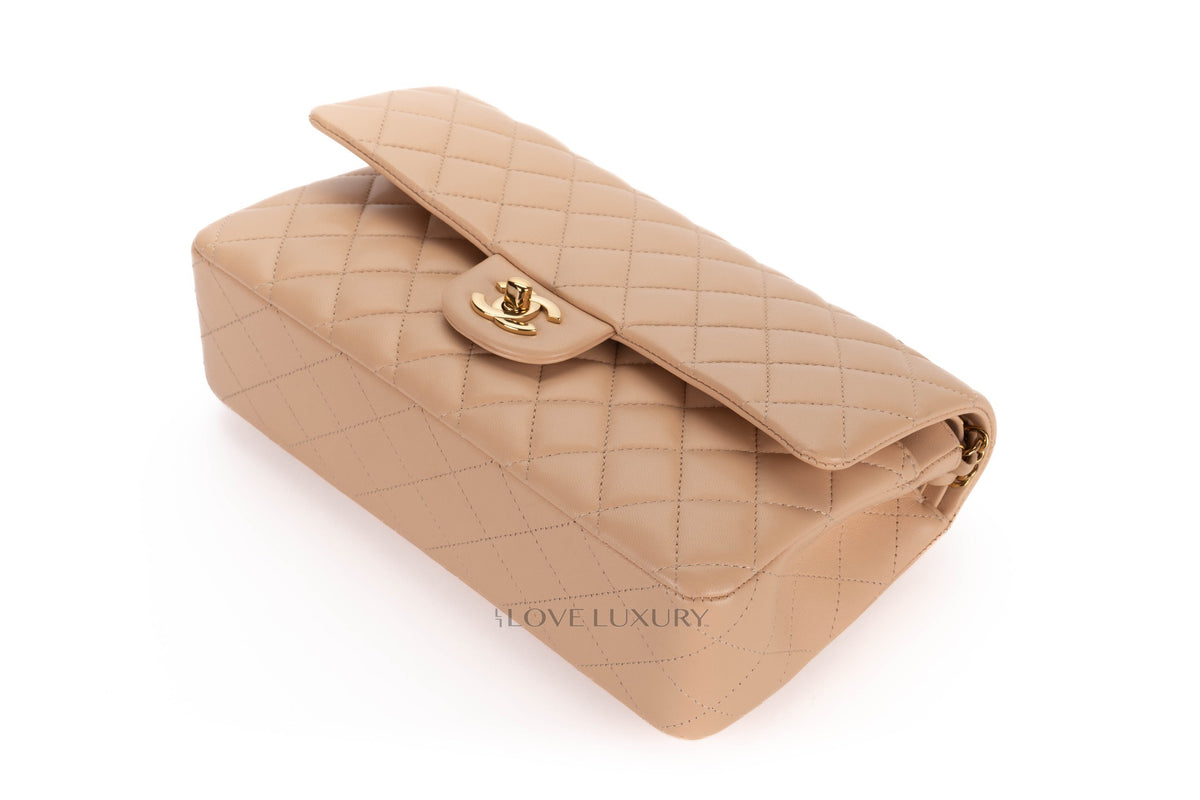 Chanel Medium Classic Flap Beige Claire Lambskin Gold Hardware - view 13