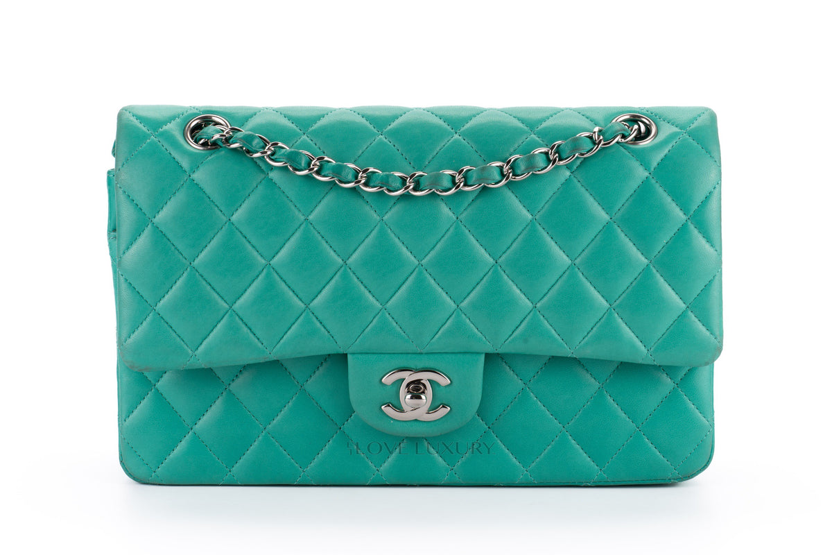 Chanel Medium Classic Flap Green Lambskin Silver Hardware - view 1