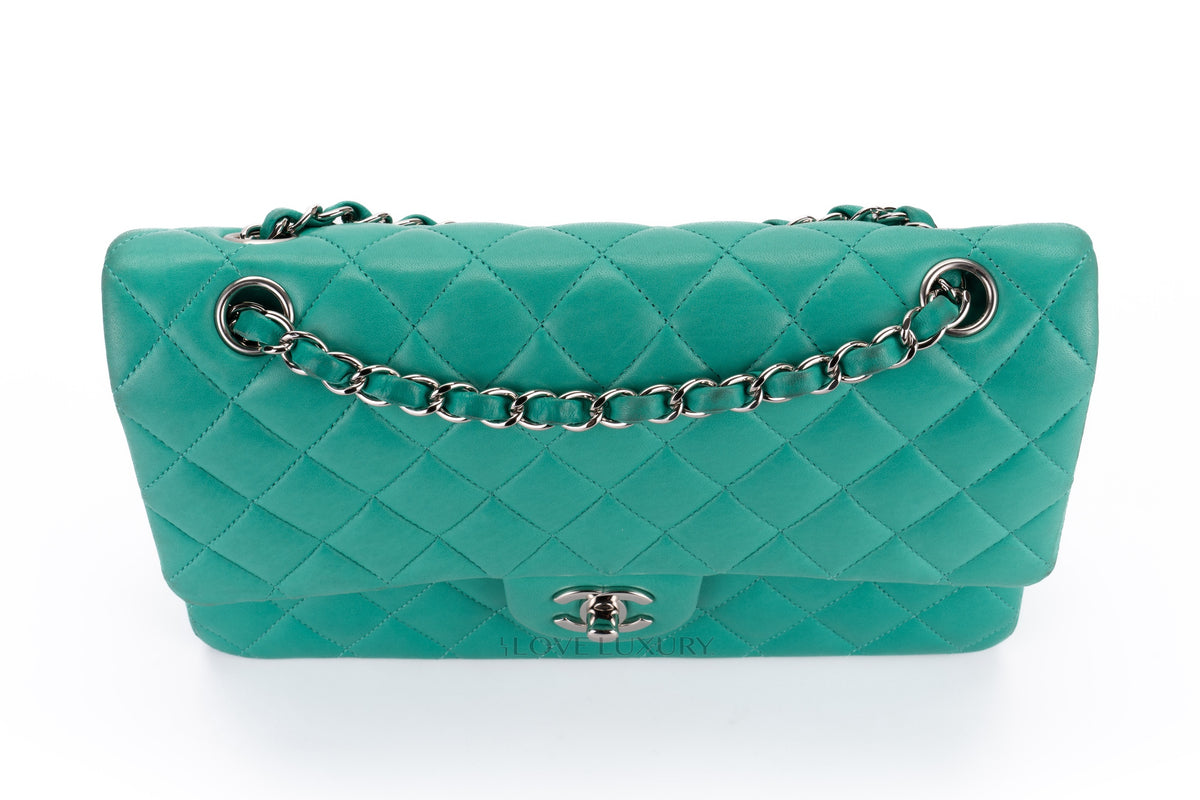 Chanel Medium Classic Flap Green Lambskin Silver Hardware - view 10