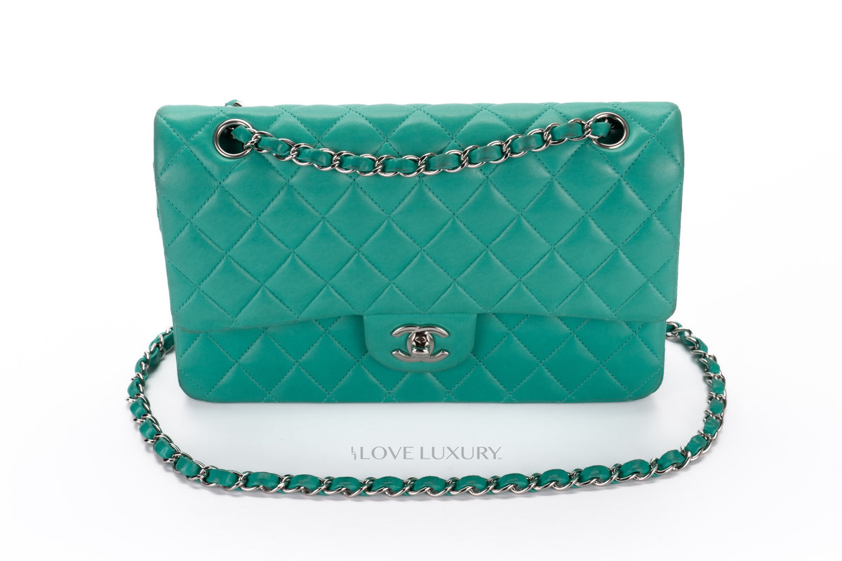 Chanel Medium Classic Flap Green Lambskin Silver Hardware - view 11